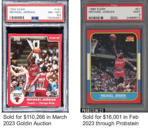 michael jordan rookie cards slabbed from psa one from star and the other from fleer